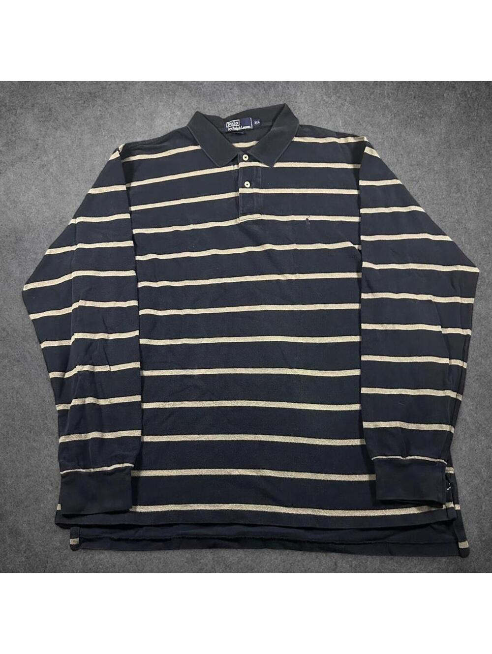 Vintage Y2K Polo Ralph Lauren Navy Blue Rugby Striped Polo - Tagged XXL!